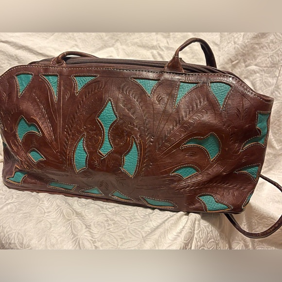 Leaders in Leather VTG Made in Paraguay Dark Brown/Aqua hand tooled Leather bag - Picture 2 of 13